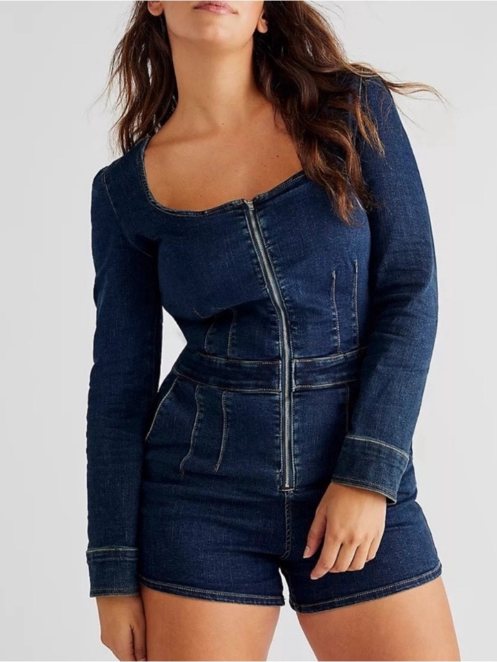 Free People We The Free CRVY Denim High Society Playsuit Romper Size 4